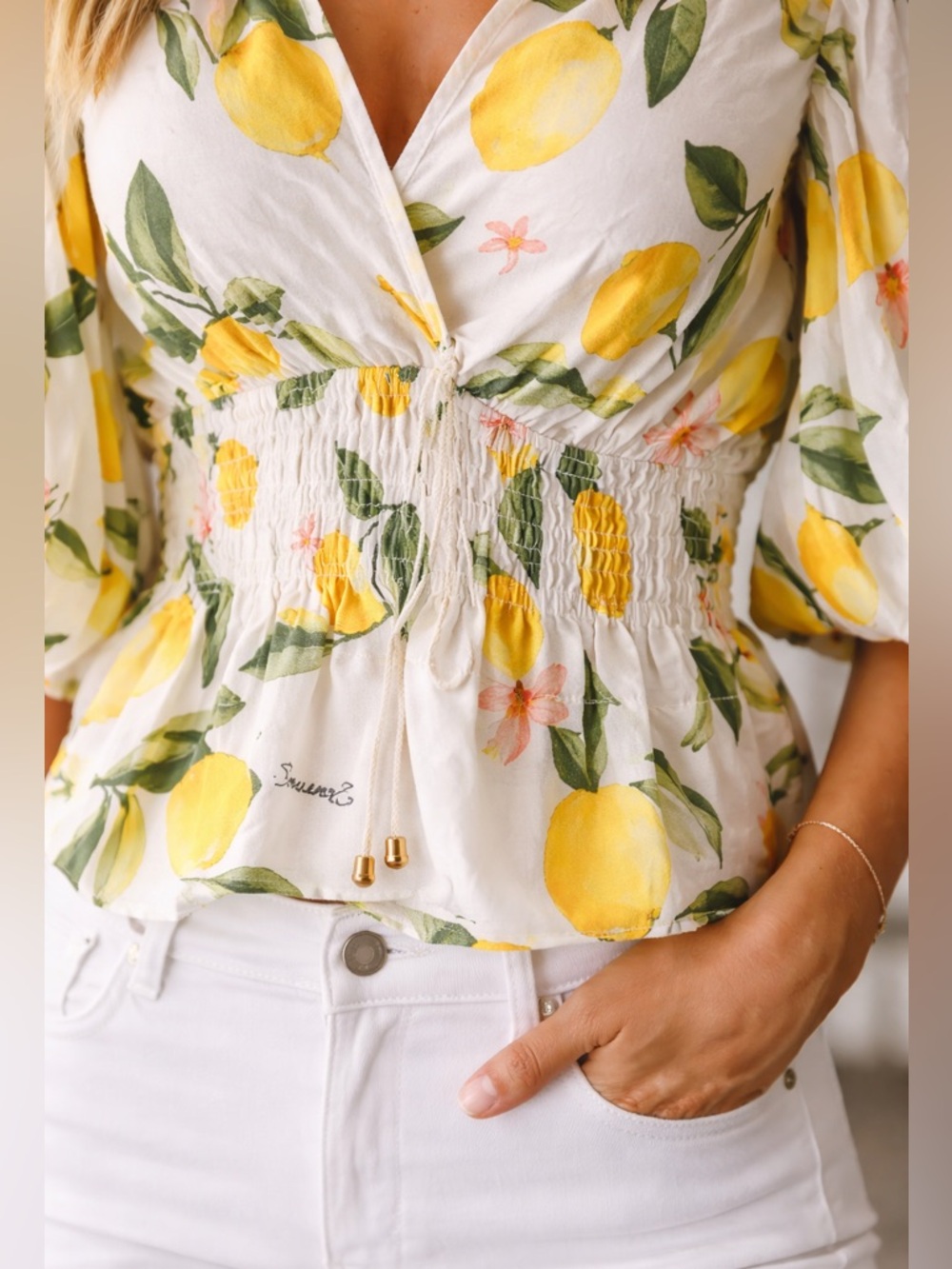 H&M Lemon-Print Puff Sleeve Blouse – Size M - Picture 3 of 9